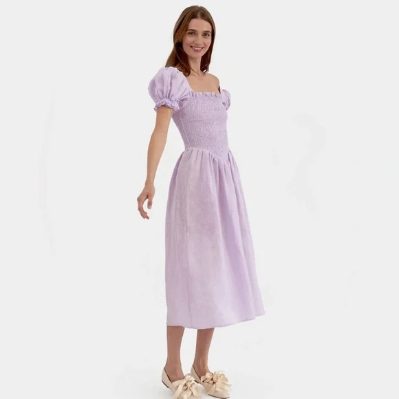 NWT Sleeper Belle Dress Linen Lavender Medium with matching hair tie/bow - Picture 2 of 4